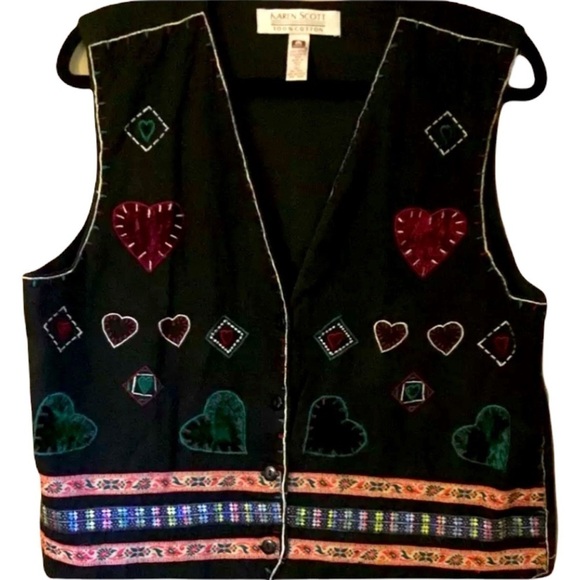 Karen Scott Large Vest Womens Velvet Embroirdered Hearts Green Red Christmas - Picture 1 of 9